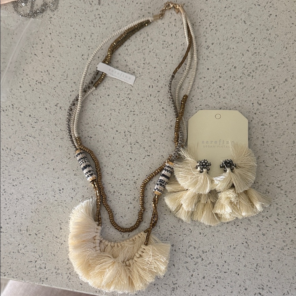 Serafina Elegant Cream and Gold Tassel Necklace and Earring Set